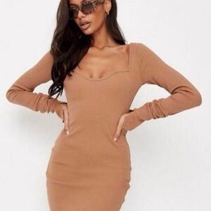Missguided Tan Ribbed Knit Long Sleeve Midi Dress Ruched Sleeves Size XS US 2